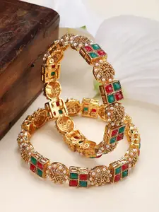 ANIKAS CREATION Set Of Two 22K Gold-Plated-Studded & Beaded Square Pattern Design Bangles