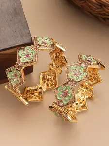 ANIKAS CREATION Set 0f 2 24K Gold-Plated & Stone-Studded Enamelled Designer Bangles