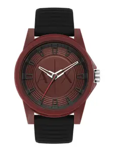 Armani Exchange Men Maroon Patterned Stainless Steel Dial & Black Strap Analogue Watch