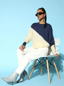 Berrylush Women White & Navy Blue Colourblocked Drop-Shoulder Sleeves Acrylic Pullover