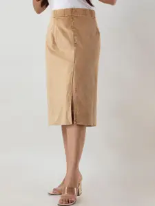 Aawari Women Beige  Knee Length Side Slit Straight Skirt