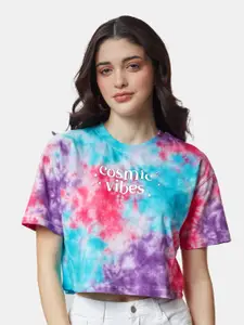 The Souled Store Women Blue & Pink Cotton Tie and Dye Dyed Oversized T-shirt