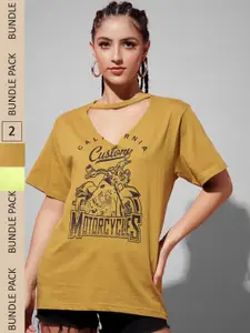The Dry State Women Mustard & Yellow Cotton Printed V-Neck T-shirt Pack of 2