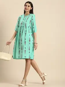 Anouk Pure Cotton Chevron & Floral Printed Ethnic A-Line Dress