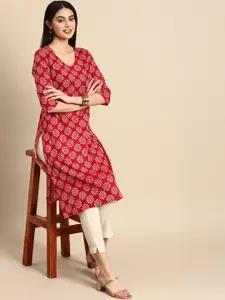 Anouk Women Pure Cotton Ethnic Motifs Printed Three Quarter Sleeves Straight Kurta