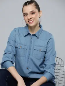 HERE&NOW Women Pure Cotton Solid Spread Collar Chambray Casual Shirt