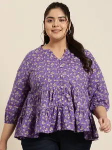 Sztori Plus Size Tiered Floral Print Puff Sleeve Cotton A-Line Top