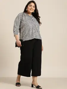 Sztori Plus Size Geometric Print Mandarin Collar Ruffles Shirt Style Top