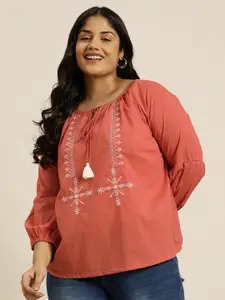 Sztori Plus Size Embroidered Tie-Up Neck Puff Sleeve Cotton Top