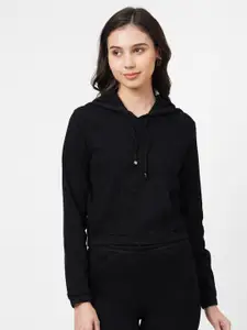 Kraus Jeans Women Black Crop Hooded Sweatshirt
