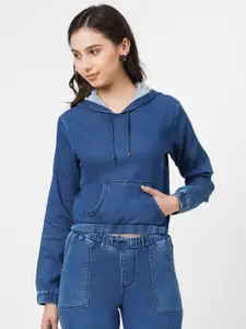Kraus Jeans Women Blue Hooded Crop Sweatshirt