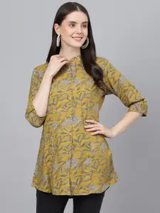 Divena Floral Print Mandarin Collar Shirt Style Longline Top