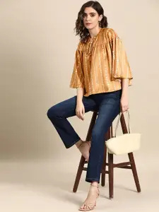 all about you Printed Tie-Up Neck Flared Sleeves Top