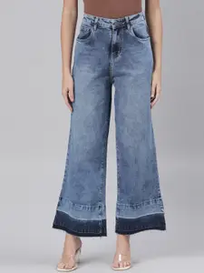 ZHEIA Women Blue Wide Leg High-Rise Heavy Fade Cotton Jeans
