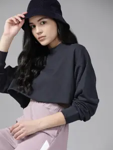 Roadster Women Cotton Drop-Shoulder Sleeves Crop Sweatshirt