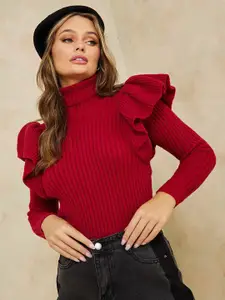 Styli Women Ruffles Ribbed Pullover