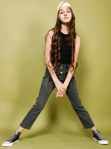 LilPicks Girls Grey Slim Fit Low Distress Jeans