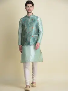 NAMASKAR Men Dupion Silk Kurta & Churidar With Printed Nehru Jacket