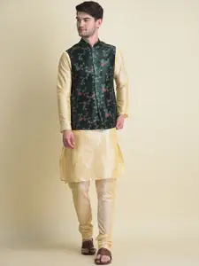 NAMASKAR Men Dupion Silk Straight Kurta with Churidar & With Embroidered Nehru jacket