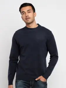 Status Quo Men Navy Blue Round Neck Long Sleeves Wool Pullover