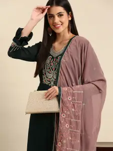 Shaily Green & Mauve Embroidered Silk Georgette Unstitched Dress Material