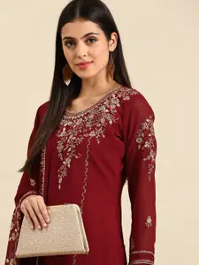 Shaily Maroon & Gold-Toned Embroidered Silk Georgette Unstitched Dress Material