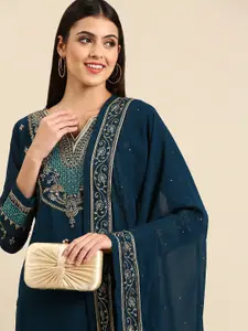 Shaily Navy Blue Embroidered Silk Georgette Unstitched Dress Material