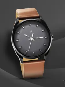 Fastrack Men Brass Dial & Leather Straps Analogue Watch 3273NL02