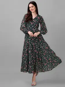 Masakali.Co Floral Printed V Neck Fit and Flare Maxi Dress
