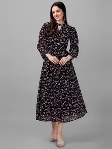 Masakali.Co Floral Printed Keyhole Neck Fit and Flare Midi Dress