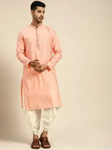KISAH Mandarin Collar Geometric Embroidered Mirror Work Cotton Kurta