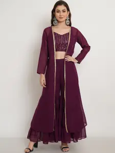 Purple State Women Burgundy Ethnic Motifs Embroidered Thread Work Top with Sharara
