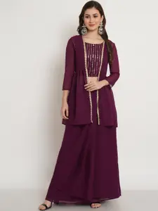 Purple State Women Burgundy Ethnic Motifs Embroidered Mirror Work Top with Skirt