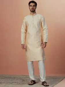 Manyavar Men Woven Design Mandarin Collar Kurta with Churidar
