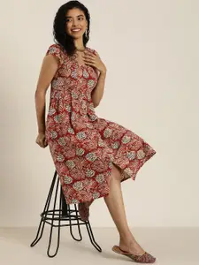 Taavi Pure Cotton Floral Print Puff Sleeve A-Line Bagru Dress