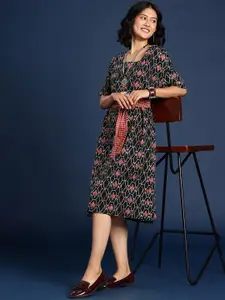 Taavi Bagru Printed A-Line Dress Comes With A Fabric Belt
