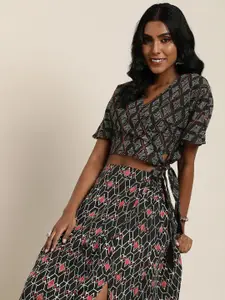 Taavi Women Bagru Pure Cotton Wrap Style Crop Top With Slit Detail Maxi Skirt