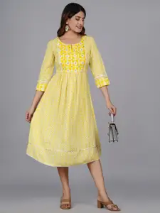 KALINI Geometric Printed Cotton A-Line Midi Dress