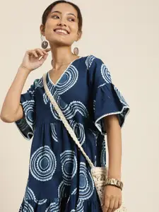 Taavi Indigo Geometric Printed Bell Sleeves Pure Cotton A-Line Dress