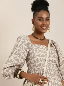 Taavi Ethnic Motifs Indigo Hand Block Print Bishop Sleeve Pure Cotton A-Line Dress