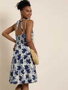Taavi Tropical Smocked Tiered Indigo Hand Block Print A-Line Dress