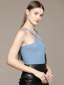bebe Women Blue Brighter Basics Self-Striped Shoulder Straps Fitted Top
