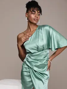 bebe One Shoulder Flutter Sleeves Tulip Hem Satin Sheath Dress