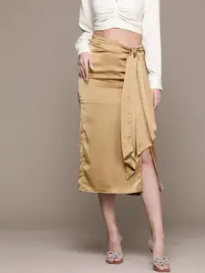 bebe Soft Romance Satin Finish Side Slit Tie-Up Detail Straight Skirt