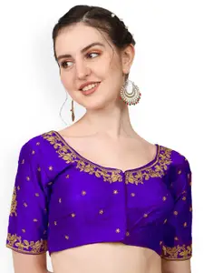 PUJIA MILLS Embroidered Short Sleeves Silk Saree Blouse