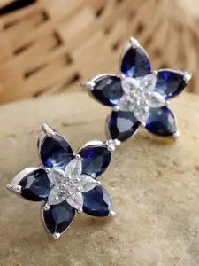 ZENEME Rhodium-Plated American Diamond Floral Studs Earrings