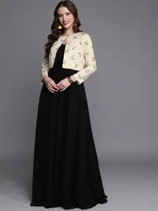 Ethnovog Ready To Wear Off White N Black Embroidered Jacket Style Gown