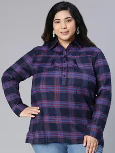 Oxolloxo Plus Size Checked Cotton Shirt Style Top