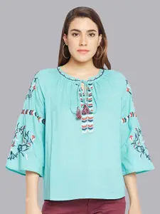 Oxolloxo Women Floral Embroidered Tie-Up Neck Top