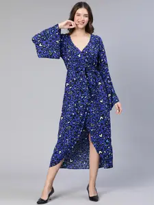 Oxolloxo Floral Printed V-Neck Midi Wrap Dress
